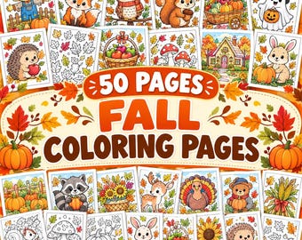 Puede incluir: Una colección de 50 páginas para colorear de otoño con ilustraciones de temas otoñales que incluyen calabazas, animales del bosque como zorros, búhos y ardillas, girasoles, setas y un fantasma, con el texto 50 PAGES FALL COLORING PAGES.