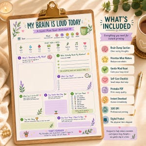 Puede incluir: Una hoja de trabajo imprimible titulada My Brain Is Loud Today, con secciones para el seguimiento del estado de &aacute;nimo, necesidades y pasos de autocuidado. El documento incluye ilustraciones de lavanda, indicaciones numeradas del uno al ocho.