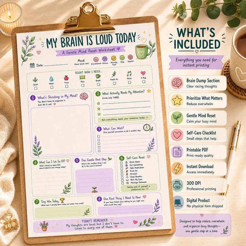 Puede incluir: Una hoja de trabajo imprimible titulada My Brain Is Loud Today, con secciones para el seguimiento del estado de &aacute;nimo, necesidades y pasos de autocuidado. El documento incluye ilustraciones de lavanda, indicaciones numeradas del uno al ocho.