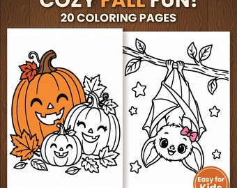 Puede incluir: Un conjunto de 20 páginas para colorear titulado COZY FALL FUN! con arte lineal en blanco y negro. Una página muestra tres calabazas sonrientes con hojas, y la otra un murciélago colgado de una rama con estrellas y el texto Easy for Kids.