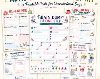 Puede incluir: Un conjunto de cinco páginas imprimibles para un kit de reinicio de días difíciles con TDAH, que incluye listas de verificación y planificadores. Los títulos incluyen Brain Dump to One Step, Self-Care Menu, Low-Energy Day Checklist y otros.
