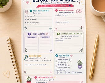 Puede incluir: Una hoja de trabajo de papel blanco titulada BEFORE YOU SPIRAL... A gentle reset for overwhelming moments. Presenta siete secciones numeradas con indicaciones para la reflexión, incluyendo What Just Happened, What Am I Thinking y Help Me Reset.