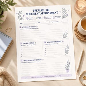 Pode incluir: Uma folha de papel para planeamento de consultas m&eacute;dicas com texto azul escuro intitulado PREPARE FOR YOUR NEXT APPOINTMENT. Inclui sec&ccedil;&otilde;es para sintomas, padr&otilde;es, perguntas e notas, decorada com ilustra&ccedil;&otilde;es florais de linhas em violeta.