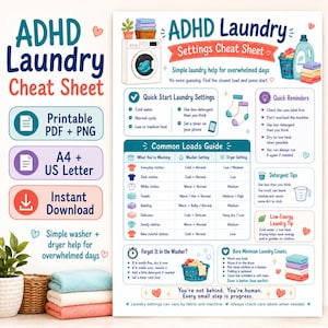 May include: An ADHD Laundry Cheat Sheet digital guide featuring a washing machine illustration, a common loads guide table, quick laundry reminders, detergent tips, and low-energy laundry advice. The text includes instructions for laundry settings.