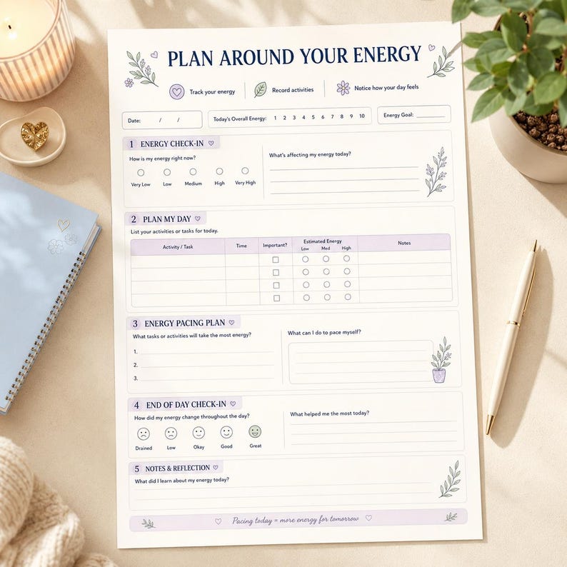 Pode incluir: Uma folha de planeamento em papel branco intitulada Plan Around Your Energy com sec&ccedil;&otilde;es para monitoriza&ccedil;&atilde;o de energia, planeamento di&aacute;rio, ritmo e reflex&atilde;o. O layout apresenta texto roxo e pequenas ilustra&ccedil;&otilde;es bot&acirc;nicas.