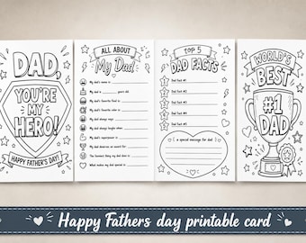 Puede incluir: Un conjunto de cuatro hojas de actividades imprimibles en blanco y negro para el Día del Padre. Los diseños incluyen texto como DAD YOU'RE MY HERO, ALL ABOUT MY DAD, top 5 DAD FACTS y WORLD'S BEST #1 DAD, con ilustraciones de escudo y trofeo.