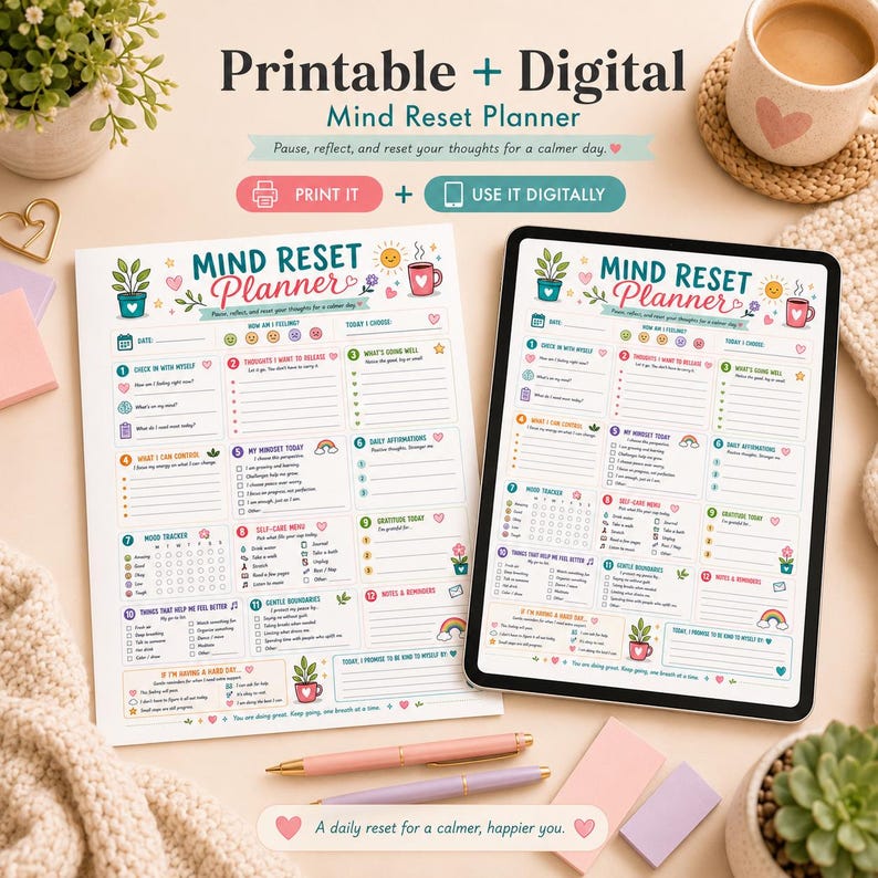 Puede incluir: Un planificador Mind Reset mostrado como una impresi&oacute;n en papel y en la pantalla de una tableta digital. El planificador incluye secciones para registros diarios, seguimiento del estado de &aacute;nimo, men&uacute;s de autocuidado y afirmaciones coloridas.