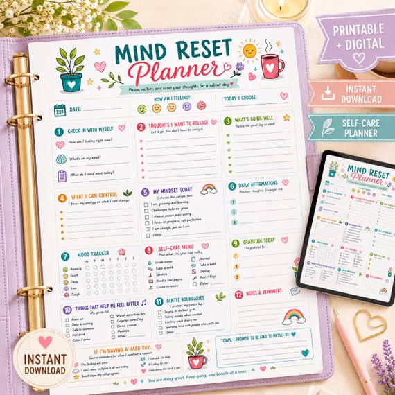 Mental Reset Sheet Printable | ADHD Brain Dump Worksheet | Mood Tracker & Gratitude Planner | Overwhelmed Mind Planner PDF