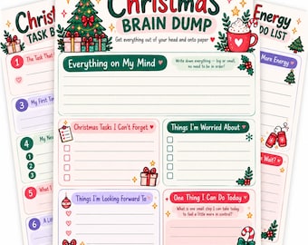 Puede incluir: Una página de planificador de lluvia de ideas navideñas con un árbol decorado, una taza roja con crema batida y secciones tituladas Everything on My Mind, Christmas Tasks I Can't Forget, Things I'm Worried About, Looking Forward To y One Thing I Can Do Today.