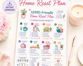Puede incluir: Una lista de control impresa ADHD-Friendly Home Reset Plan con ocho pasos numerados e ilustraciones coloridas, que incluyen una planta, una taza de café, un temporizador y artículos de limpieza, con indicaciones de texto para organizar tareas.