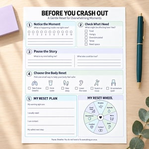 May include: A white paper worksheet titled BEFORE YOU CRASH OUT A Gentle Reset for Overwhelming Moments. It features five numbered sections with prompts, checkboxes, and a circular My Reset Wheel diagram with icons for breathing, water, and movement.