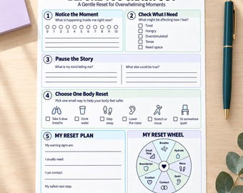 Puede incluir: Una hoja de trabajo de papel blanco titulada BEFORE YOU CRASH OUT A Gentle Reset for Overwhelming Moments. Incluye cinco secciones numeradas con indicaciones, casillas de verificación y un diagrama circular My Reset Wheel con varios iconos.