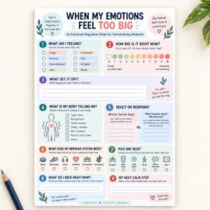 Könnte beinhalten: Ein weißes Arbeitsblatt mit dem Titel When My Emotions Feel Too Big, das neun nummerierte Abschnitte zur Emotionsregulation enthält. Es umfasst Checklisten für Gefühle, körperliche Empfindungen und Beruhigungsstrategien sowie eine Skala von 0 bis 10.