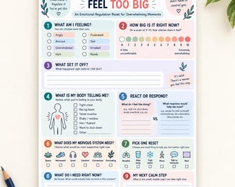 Puede incluir: Una hoja de trabajo blanca titulada When My Emotions Feel Too Big, con nueve secciones numeradas para la regulación emocional. Incluye listas de verificación, una escala de intensidad de 0 a 10 e iconos para sensaciones corporales y calma.