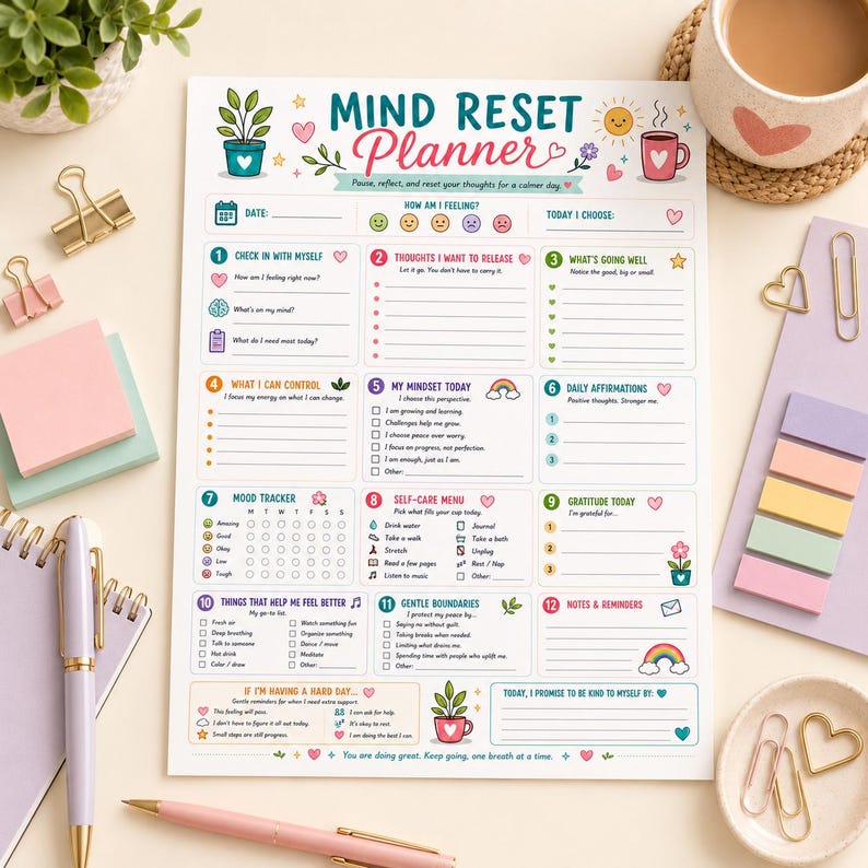 Puede incluir: Una hoja de papel Mind Reset Planner blanca con doce secciones numeradas para la reflexi&oacute;n diaria, el seguimiento del estado de &aacute;nimo y el autocuidado. El dise&ntilde;o incluye iconos coloridos como corazones, flores y arco&iacute;ris, con indicaciones impresas.