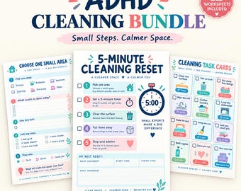 Puede incluir: Un paquete digital de limpieza para TDAH con 12 hojas de trabajo. El título principal dice ADHD CLEANING BUNDLE, Small Steps. Calmer Space. Se muestran tres hojas: Choose One Small Area, 5-Minute Cleaning Reset y Cleaning Task Cards.