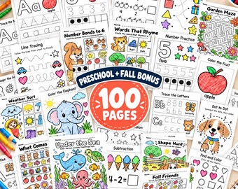 Puede incluir: Una colección de 100 páginas de actividades educativas para preescolar y otoño que incluyen dibujos de líneas en blanco y negro para colorear, trazado de letras, práctica de números, emparejamiento de formas, laberintos y problemas matemáticos.