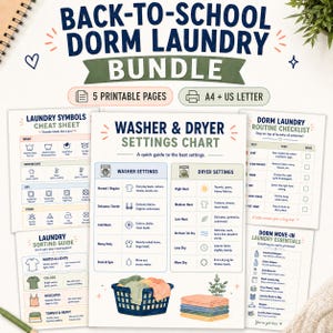 May include: A back-to-school dorm laundry bundle featuring five printable pages in A4 and US letter sizes. The set includes a laundry symbols cheat sheet, a washer and dryer settings chart, a dorm laundry routine checklist, a sorting guide, and essentials list.