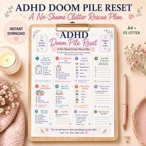 ADHD Doom Pile Reset Printable Declutter Checklist Clutter Sorting Worksheet Executive Function Overwhelm Reset Gentle Productivity