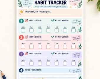 Puede incluir: Un bloc de notas rectangular para el seguimiento de hábitos con fondo blanco, titulado My Gentle Habit Tracker. Incluye cuatro secciones numeradas con espacios para hábitos, versiones pequeñas y casillas de verificación semanales, decorado con hojas y corazones.