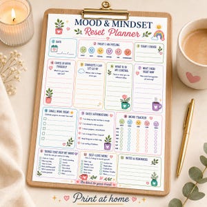 May include: A Mood & Mindset Reset Planner printed on white paper, secured on a wooden clipboard. The planner features thirteen sections including daily feelings, affirmations, a mood tracker, and self-care checklists with colorful illustrations.
