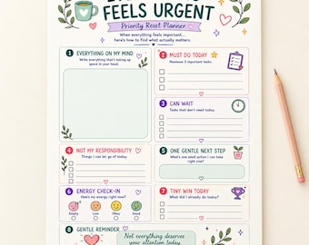 Puede incluir: Una hoja de planificador de papel blanco titulada Everything Feels Urgent Priority Reset Planner con ilustraciones coloridas de una taza de café, hojas, corazones y estrellas. Incluye ocho secciones numeradas para la gestión de tareas y recordatorios.