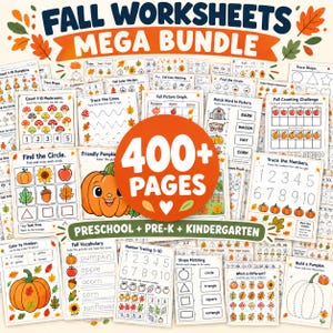 May include: A collection of educational worksheets titled Fall Worksheets Mega Bundle, featuring over 400 pages for preschool, pre-k, and kindergarten. The pages include activities like counting, tracing numbers, shape matching, and coloring fall themes.