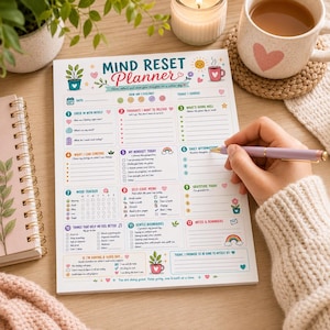 Puede incluir: Un bloc de notas Mind Reset Planner con doce secciones numeradas para la reflexi&oacute;n diaria, incluyendo seguimiento del estado de &aacute;nimo, afirmaciones y men&uacute;s de autocuidado. La p&aacute;gina presenta ilustraciones coloridas de plantas, corazones y arco&iacute;ris.