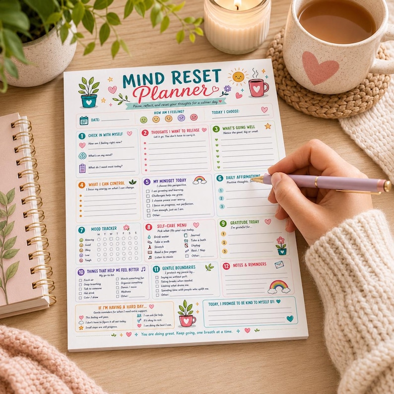 Puede incluir: Un bloc de notas Mind Reset Planner con doce secciones numeradas para la reflexi&oacute;n diaria, incluyendo seguimiento del estado de &aacute;nimo, afirmaciones y men&uacute;s de autocuidado. La p&aacute;gina presenta ilustraciones coloridas de plantas, corazones y arco&iacute;ris.
