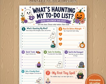 Puede incluir: Una hoja de trabajo imprimible ADHD Halloween Task Reset titulada What's Haunting My To-Do List? con siete secciones numeradas, ilustraciones de fantasmas, calabazas y pociones, y líneas para anotar tareas.
