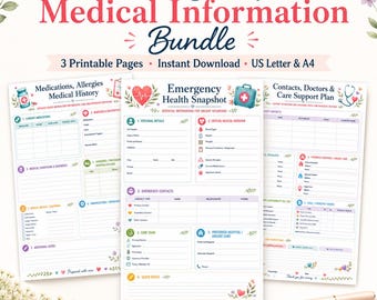 Puede incluir: Un conjunto de tres páginas imprimibles Emergency Medical Information Bundle con secciones para medicamentos, alergias, historial médico, contactos de emergencia y planes de cuidado, decorado con motivos florales e iconos médicos.