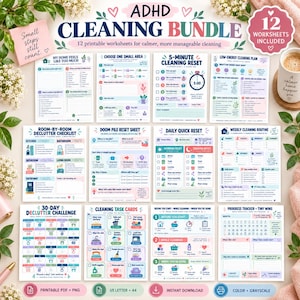 May include: A collection of 12 printable ADHD cleaning bundle worksheets featuring checklists, trackers, and task cards with colorful icons and text. The pages include titles like Room-by-Room Declutter Checklist, Doom Pile Reset Sheet, and 30-Day Declutter Challenge, designed for organizing household chores.