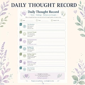CBT Thought Record, Intrusive Thoughts & Overthinking Help, Coping Skills Anxiety Relief Worksheet, Printable Therapy PDF