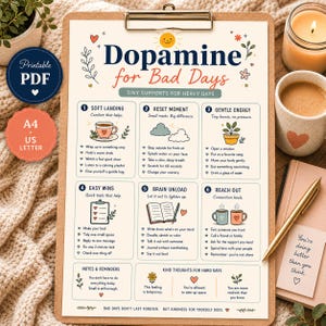 以下が含まれることがあります： Dopamine for Bad Days, Tiny Supports for Heavy Daysというタイトルの印刷可能なPDFドキュメントがクリップボードに表示されています。このチャートには、イラストとセルフケアのためのテキストプロンプトが記載された6つの番号付きセクションと、メモや考えがまとめられています。