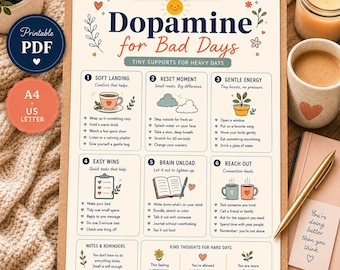 Puede incluir: Un documento PDF imprimible titulado Dopamine for Bad Days, Tiny Supports for Heavy Days, mostrado en un portapapeles. El gráfico presenta seis secciones numeradas con ilustraciones y sugerencias de autocuidado, además de notas.