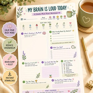 Op de afbeelding: Een wit papieren werkblad getiteld My Brain Is Loud Today met secties voor stemmingsregistratie, behoeften en zelfzorgvragen. De lay-out bevat pastelkleurige illustraties van bladeren, hartjes en iconen voor water, voedsel en rust, naast acht stappen.