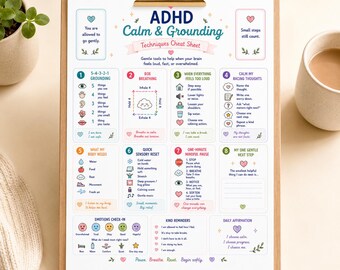 Puede incluir: Una hoja de trucos impresa titulada ADHD Calm & Grounding Techniques Cheat Sheet sobre un portapapeles de madera. El documento presenta ocho secciones numeradas con iconos coloridos y texto que detalla ejercicios de relajación.