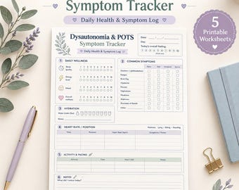 Puede incluir: Una hoja de trabajo imprimible para el seguimiento de síntomas de disautonomía y POTS con secciones para bienestar diario, síntomas, hidratación, frecuencia cardíaca, actividad y notas, decorada con un diseño floral y un distintivo de 5 hojas.