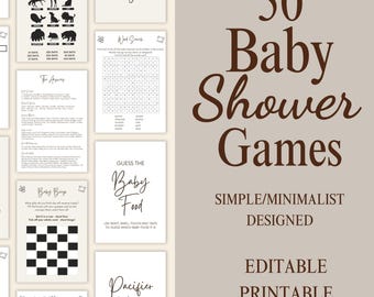 Baby Shower Games Bundle – 50 Minimalist Editable Templates (A4 Printable)