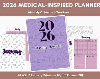 Planificador 2026 de inspiración médica / Tamaño carta (A4, A5, EE. UU.) / Calendario mensual con rastreadores / Planificador digital imprimible en PDF