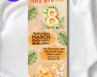 Invitación de cumpleaños de dinosaurio (marcapáginas) / Invitación para fiesta de dinosaurios (2x6) / Plantilla editable de Canva / Descarga digital