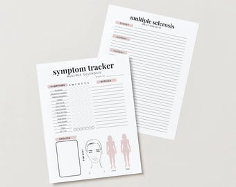 May include: Two white paper sheets with text and illustrations. One sheet is labeled "symptom tracker" and includes a list of symptoms, a body diagram, and the text "updates." The other sheet is labeled "multiple sclerosis daily check-in."