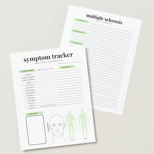 May include: Two white sheets for tracking symptoms and daily check-ins for multiple sclerosis. The symptom tracker has a list of symptoms, a space for the days of the week, and a details section. The daily check-in sheet has spaces for each day.