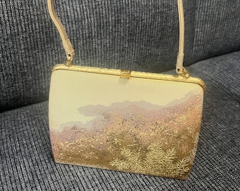 Vintage Saganishiki-brokaat-clutch: Japanse kimonotas met borduursel sneeuwrad en mandarijneend
