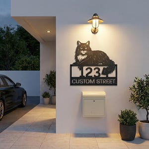 May include: A black metal address sign with a cat silhouette, displaying the number "1234" and "CUSTOM STREET". A cream-coloured mailbox is mounted below the sign. A vintage-style light fixture is positioned above the sign, illuminating the wall.