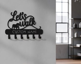 English Bulldog Dog Leash Holder Personalized – Custom Metal Wall Mounted Rack, “Let’s Walk” Key Holder & Organizer Gift