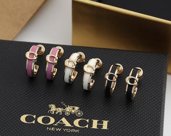 Coach In Box Enamel C hoop earrings Gold plating women's studs