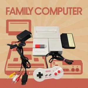 May include: A vintage Family Computer video game console, with a white and gray design, a black cartridge, and a white controller with red buttons. The image includes the text "FAMILY COMPUTER" in a retro font.