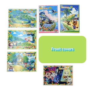 May include: A collection of colorful Animal Crossing front covers featuring various characters and scenes. The covers showcase vibrant landscapes, houses, and characters in a cartoon style. The text "Front covers" is displayed on a green background.