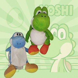 May include: Two plush Yoshi figures, one green and one blue, against a light green background with the word "YOSHI". The green Yoshi has red shoes and the blue Yoshi has brown and yellow shoes. The image has a cartoon style.